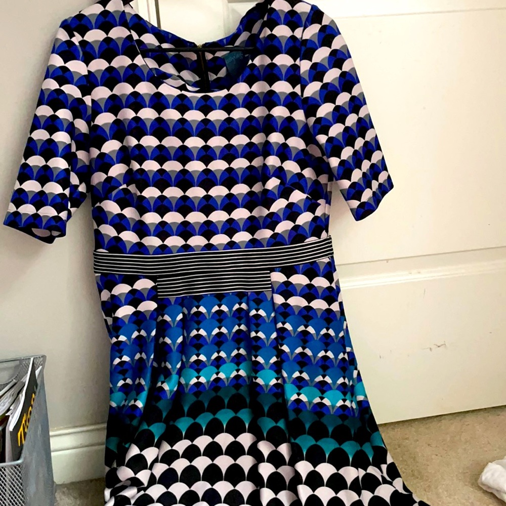 Blue and black pattern dress. Mid length